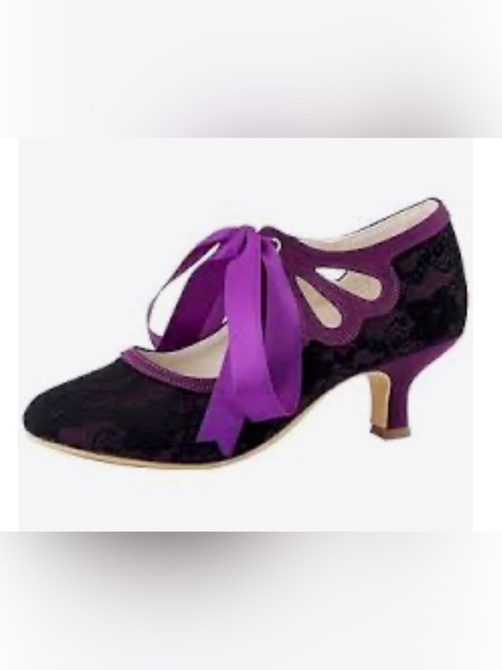 Satin Ribbon Lace Heels in Plum and Black